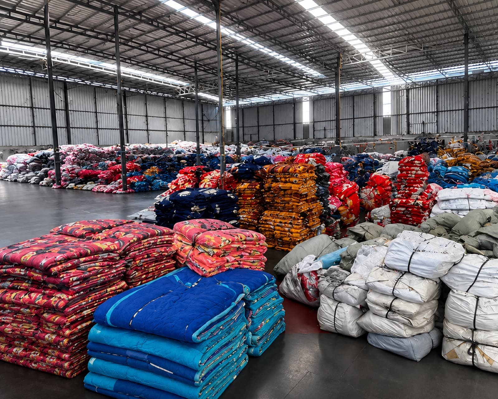 Warehouse stacked with colorful packed bedding bales